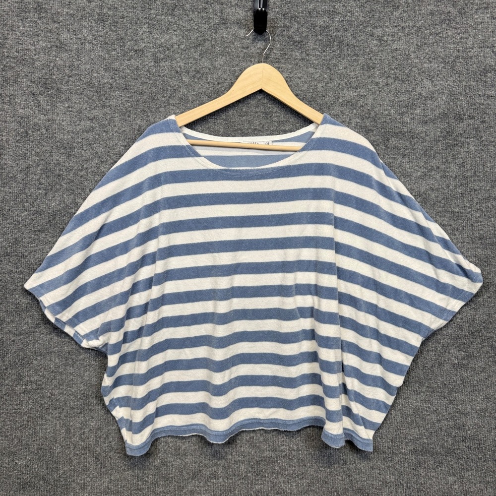Mersea OS Top White Blue Striped Cotton Batwing Terry Cloth Slouch Boxy Beach